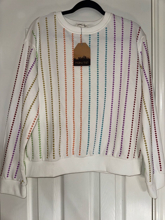 Main Strip Tops - NWT Main Strip White Sweatshirt with Rainbow Stud Stripes
